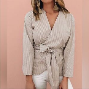 J. Crew Beige Striped Wrap Blouse